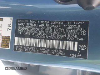 2007 Toyota Prius with VIN JTDKB20U977675333, listed as a IAAI auction lot 41880014 with 203,085 mi miles and . Bid and sale history available at DreamBid. Image 9.
