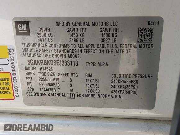 2014 Buick Enclave Leather with VIN 5GAKRBKD3EJ333113, listed as a IAAI auction lot 41955691 with 115,563 mi miles and . Bid and sale history available at carsss.com. Image 9.