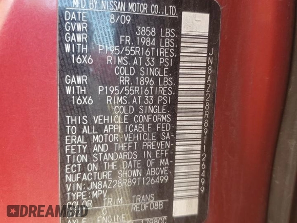 2009 Nissan Cube SL z VIN JN8AZ28R89T126499, wystawiony jako Copart lot #56249305 z przebiegiem 197 845 mil mil oraz Szkoda całkowita • Salvage title. Historia ofert i sprzedaży dostępna na DreamBid. Obrazek 13.