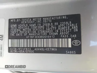2011 Toyota Camry LE with VIN 4T1BF3EK8BU649412, listed as a IAAI auction lot 42032428 with 132,033 mi miles and . Bid and sale history available at carsss.com. Image 9.