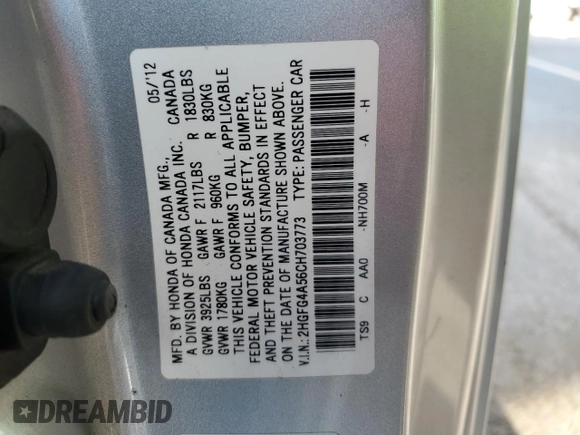 2012 Honda Civic Si with VIN 2HGFG4A56CH703773, listed as a Copart auction lot 56449825 with 117,675 mi miles and Salvage title. Bid and sale history available at DreamBid. Image 12.