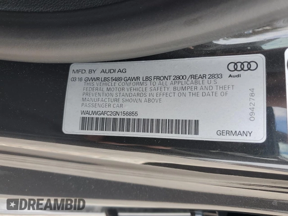 2016 Audi A7 3.0 Premium Plus with VIN WAUWGAFC2GN156855, listed as a Copart auction lot 38144594 with 85,049 mi miles. Bid and sale history available at carsss.com. Image 13.