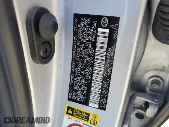 2013 Lexus CT 200h with VIN JTHKD5BH1D2162337, listed as a Copart auction lot 59230295 with 99,070 mi miles and Salvage title. Bid and sale history available at DreamBid. Image 12.