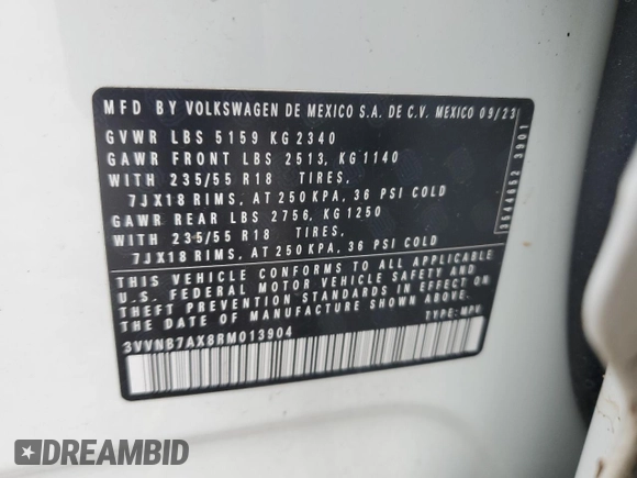 2024 Volkswagen Tiguan SE with VIN 3VVNB7AX8RM013904, listed as a Copart auction lot 46424995 with 13,477 mi miles and Salvage title. Bid and sale history available at DreamBid. Image 16.