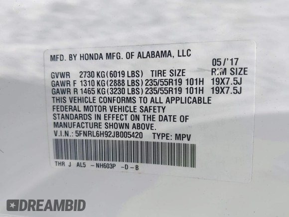 2018 Honda Odyssey Elite with VIN 5FNRL6H92JB005420, listed as a IAAI auction lot 42193696 with 78,623 mi miles and . Bid and sale history available at DreamBid. Image 9.
