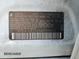 2006 BMW 3 Series 330i с VIN WBAVB33536PS19010, выставлен на аукционе Copart как лот 52313985 с пробегом 262 388 миль миль и Чистый • Clean title. История ставок и продаж доступна на DreamBid. Изображение 12.