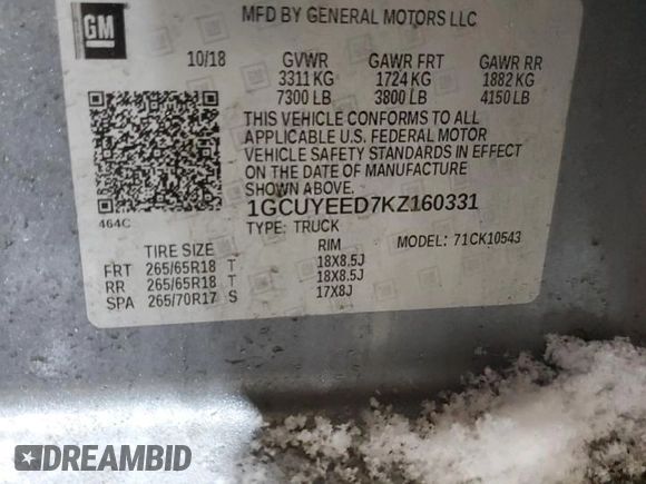2019 Chevrolet Silverado 1500 RST with VIN 1GCUYEED7KZ160331, listed as a Copart auction lot 43690615 with 125,879 mi miles and Salvage Title. Bid and sale history available at DreamBid. Image 12.