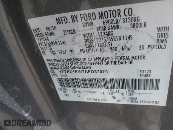 2010 Ford F-150 XL with VIN 1FTEX1EW7AFD37574, listed as a IAAI auction lot 42088625 with 134,668 mi miles and . Bid and sale history available at DreamBid. Image 9.