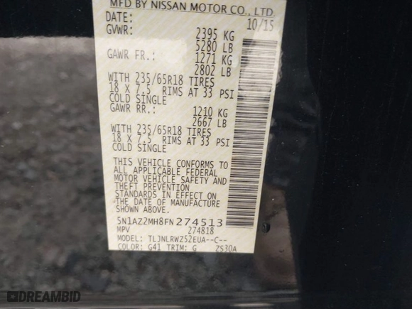 2015 Nissan Murano Platinum with VIN 5N1AZ2MH8FN274513, listed as a IAAI auction lot 41822146 with 137,354 mi miles. Bid and sale history available at carsss.com. Image 9.