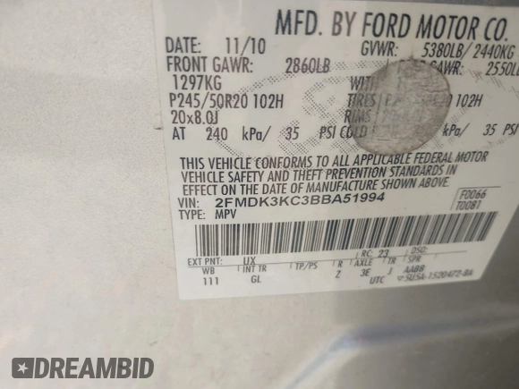 2011 Ford Edge Limited с VIN 2FMDK3KC3BBA51994, выставлен на аукционе IAAI как лот 42641145 с пробегом 146 560 миль миль и . История ставок и продаж доступна на DreamBid. Изображение 9.