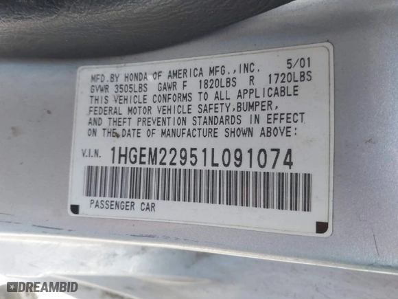 2001 Honda Civic EX with VIN 1HGEM22951L091074, listed as a IAAI auction lot 41869672 with 227,448 mi miles. Bid and sale history available at carsss.com. Image 9.