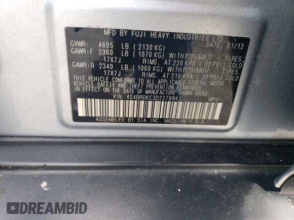 2013 Subaru Outback Limited z VIN 4S4BRDKC3D2279947, wystawiony jako Copart lot #56394975 z przebiegiem 252 632 mil mil oraz Szkoda całkowita • Salvage title. Historia ofert i sprzedaży dostępna na DreamBid. Obrazek 13.