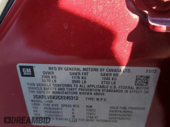 2012 GMC Terrain SLT-1 with VIN 2GKFLVEK2C6245312, listed as a Copart auction lot 82536904 with 89,578 mi miles and Salvage Title. Bid and sale history available at carsss.com. Image 15.