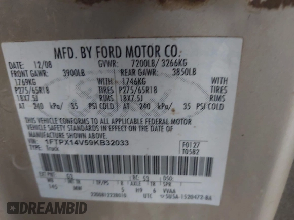 2009 Ford F-150 XL with VIN 1FTPX14V59KB32033, listed as a IAAI auction lot 42396083 with 298,749 mi miles and . Bid and sale history available at DreamBid. Image 9.