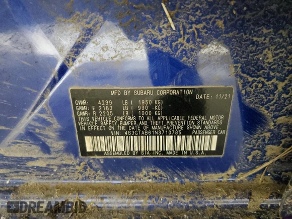 2022 Subaru Impreza z VIN 4S3GTAB61N3710785, wystawiony jako Copart lot #53569315 z przebiegiem 73 192 mil mil oraz Nie do naprawy • Non repairable. Historia ofert i sprzedaży dostępna na DreamBid. Obrazek 13.