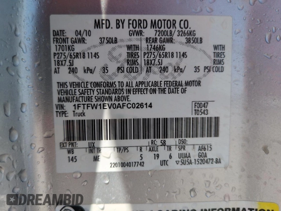 2010 Ford F-150 XL with VIN 1FTFW1EV0AFC02614, listed as a Copart auction lot 58043545 with 138,149 mi miles and Salvage title. Bid and sale history available at DreamBid. Image 12.