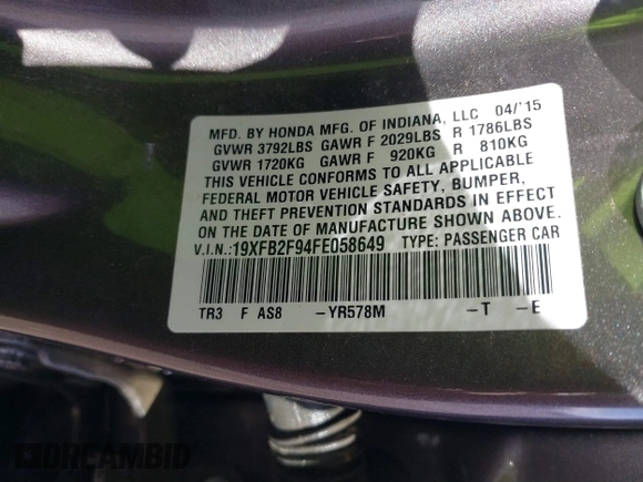 2015 Honda Civic Sedan EX-L with VIN 19XFB2F94FE058649, listed as a IAAI auction lot 41845076 with 191,652 mi miles. Bid and sale history available at carsss.com. Image 9.