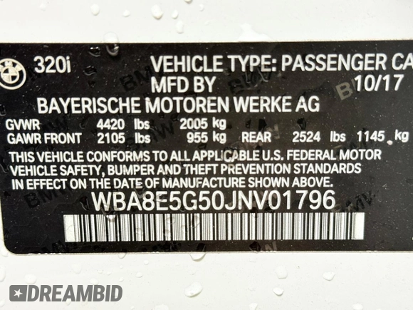 2018 BMW 3 Series 320i xDrive with VIN WBA8E5G50JNV01796, listed as a Copart auction lot 54241045 with 70,372 mi miles and Clean Title. Bid and sale history available at carsss.com. Image 10.