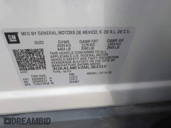 2021 GMC Terrain SLE with VIN 3GKALMEV2ML363310, listed as a IAAI auction lot 42167450 with 48,032 mi miles and . Bid and sale history available at DreamBid. Image 9.