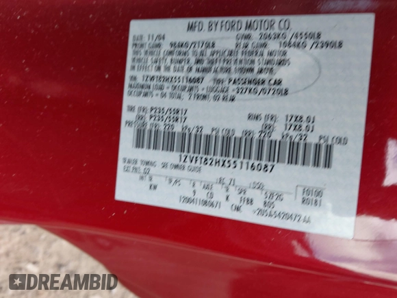 2005 Ford Mustang GT Deluxe with VIN 1ZVFT82HX55116087, listed as a IAAI auction lot 42039147 with 103,389 mi miles and . Bid and sale history available at DreamBid. Image 9.