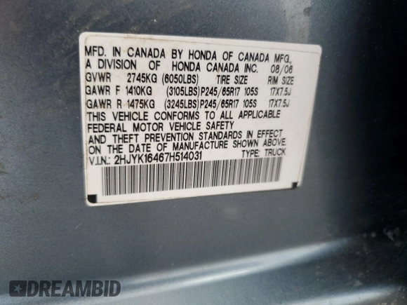 2007 Honda Ridgeline RTS z VIN 2HJYK16467H514031, wystawiony jako Copart lot #57571865 z przebiegiem 298 895 mil mil oraz Szkoda całkowita • Salvage title. Historia ofert i sprzedaży dostępna na DreamBid. Obrazek 12.