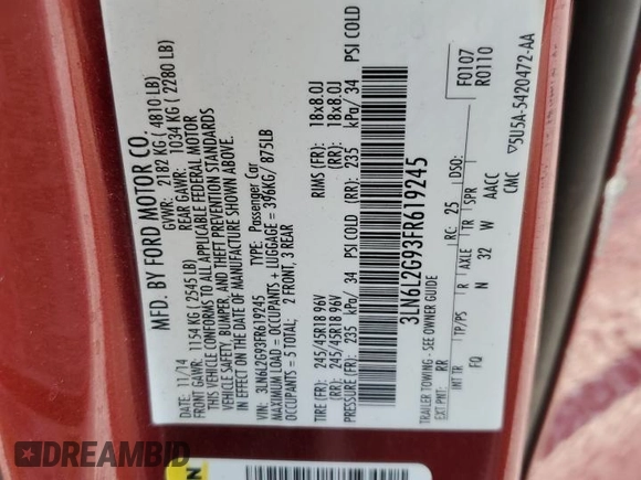 2015 Lincoln MKZ with VIN 3LN6L2G93FR619245, listed as a Copart auction lot 59220525 with 231,014 mi miles and Salvage title. Bid and sale history available at DreamBid. Image 12.