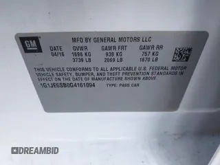 2016 Chevrolet Sonic LTZ z VIN 1G1JE6SB0G4161094, wystawiony jako IAAI lot #41890781 z przebiegiem 121 282 mil mil oraz . Historia ofert i sprzedaży dostępna na DreamBid. Obrazek 9.