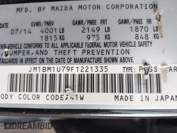 2015 Mazda 3 i Sport with VIN JM1BM1U79F1221335, listed as a IAAI auction lot 41968000 with 87,622 mi miles and . Bid and sale history available at DreamBid. Image 9.