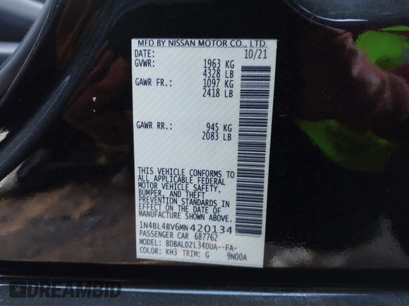2021 Nissan Altima 2.5 S with VIN 1N4BL4BV6MN420134, listed as a IAAI auction lot 41770467 with 62,311 mi miles. Bid and sale history available at carsss.com. Image 9.