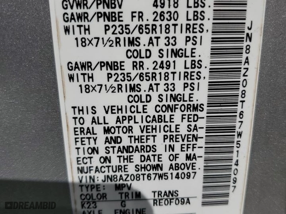 2007 Nissan Murano SL with VIN JN8AZ08T67W514097, listed as a Copart auction lot 53392805 with 202,838 mi miles and Clean Title. Bid and sale history available at carsss.com. Image 12.
