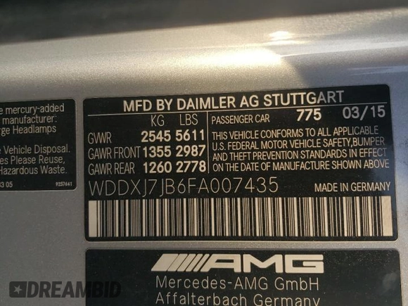 2015 Mercedes-Benz S-Class S 63 AMG with VIN WDDXJ7JB6FA007435, listed as a Copart auction lot 43662235 with 51,362 mi miles and Salvage Title. Bid and sale history available at carsss.com. Image 12.