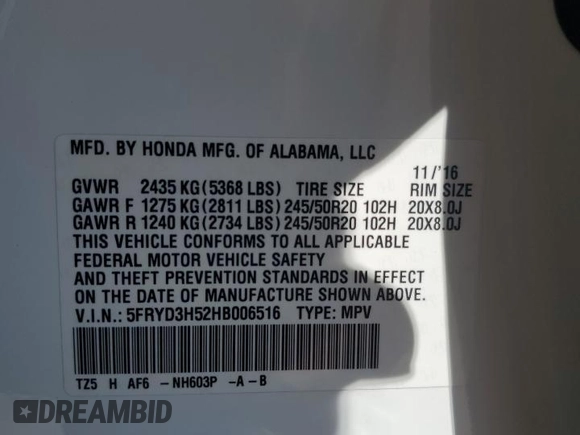 2017 Acura MDX Technology with VIN 5FRYD3H52HB006516, listed as a Copart auction lot 60919965 with Not provided miles and Salvage title. Bid and sale history available at DreamBid. Image 14.