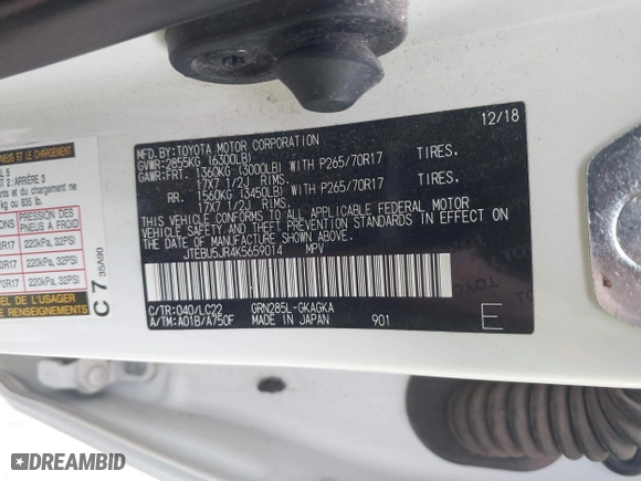 2019 Toyota 4Runner SR5 with VIN JTEBU5JR4K5659014, listed as a IAAI auction lot 41915237 with 90,376 mi miles. Bid and sale history available at carsss.com. Image 9.