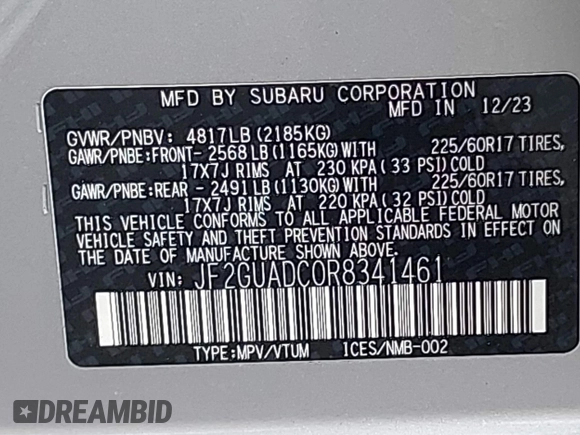 2024 Subaru Crosstrek Premium с VIN JF2GUADC0R8341461, выставлен на аукционе IAAI как лот 42393575 с пробегом 3 743 миль миль и . История ставок и продаж доступна на DreamBid. Изображение 9.