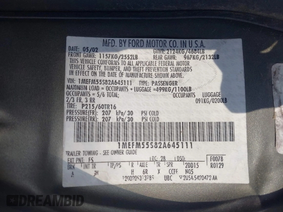 2002 Mercury Sable LS Premium with VIN 1MEFM55S82A645111, listed as a IAAI auction lot 41909233 with 192,994 mi miles and . Bid and sale history available at DreamBid. Image 9.
