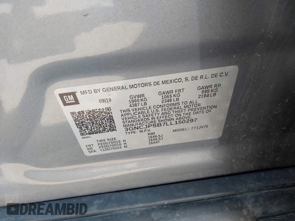 2020 Chevrolet Trax LT with VIN 3GNCJPSB7LL150297, listed as a IAAI auction lot 42077006 with 77,381 mi miles and . Bid and sale history available at DreamBid. Image 9.