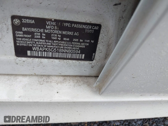 2011 BMW 3 Series 328i xDrive with VIN WBAPK5G51BNN80594, listed as a IAAI auction lot 42283378 with Not provided miles and . Bid and sale history available at DreamBid. Image 9.