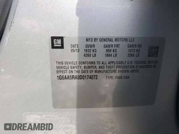 2013 Cadillac ATS with VIN 1G6AA5RA0D0174072, listed as a Copart auction lot 51001525 with 134,967 mi miles and Salvage title. Bid and sale history available at DreamBid. Image 12.