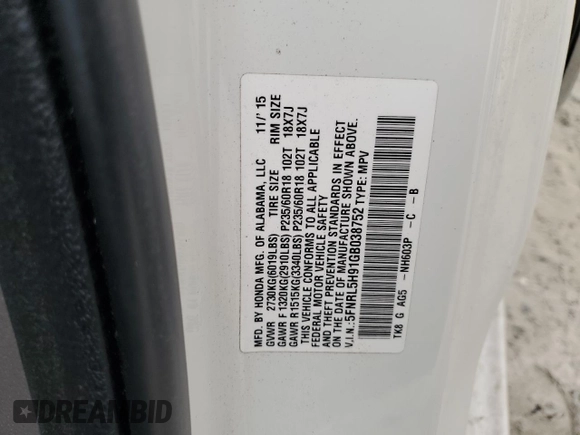 2016 Honda Odyssey Touring Elite with VIN 5FNRL5H91GB038752, listed as a Copart auction lot 50680985 with 81,576 mi miles and Salvage Title. Bid and sale history available at carsss.com. Image 13.