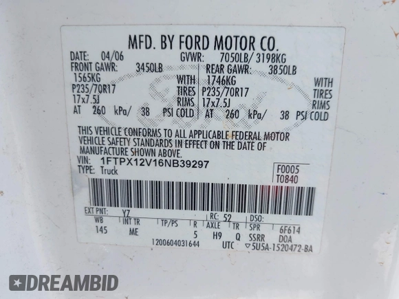 2006 Ford F-150 XL z VIN 1FTPX12V16NB39297, wystawiony jako IAAI lot #42271226 z przebiegiem 179 551 mil mil oraz . Historia ofert i sprzedaży dostępna na DreamBid. Obrazek 9.