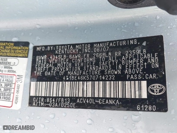 2007 Toyota Camry CE with VIN 4T1BE46K57U714232, listed as a IAAI auction lot 41963018 with 143,777 mi miles. Bid and sale history available at carsss.com. Image 9.
