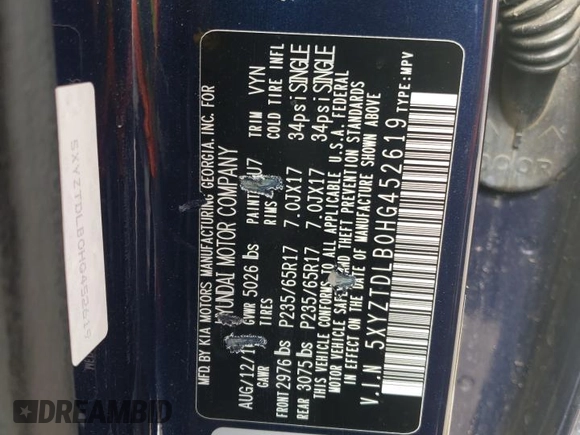 2017 Hyundai Santa Fe 2.4L with VIN 5XYZTDLB0HG452619, listed as a Copart auction lot 60617725 with 100,545 mi miles and Salvage title. Bid and sale history available at DreamBid. Image 13.