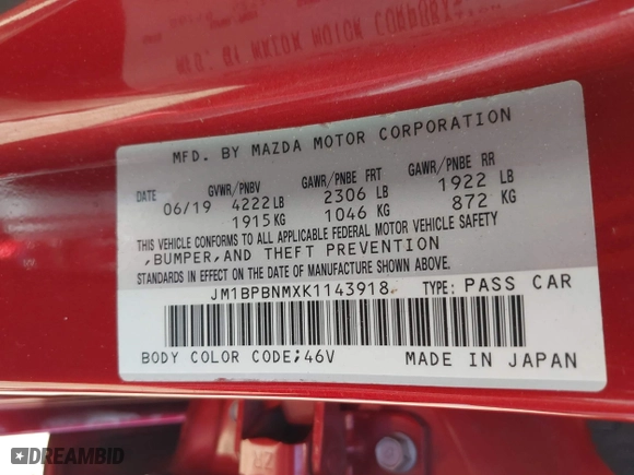 2019 Mazda Mazda3 Hatchback w/Premium Pkg with VIN JM1BPBNMXK1143918, listed as a IAAI auction lot 41774753 with 28,340 mi miles. Bid and sale history available at carsss.com. Image 9.