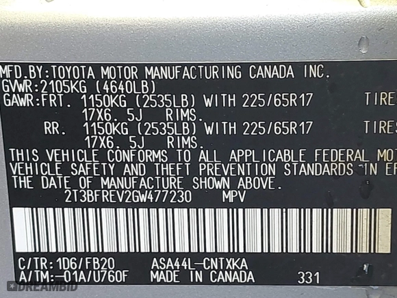 2016 Toyota RAV4 LE with VIN 2T3BFREV2GW477230, listed as a IAAI auction lot 41144507 with 82,425 mi miles. Bid and sale history available at carsss.com. Image 9.