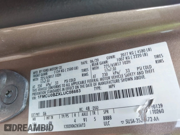 2020 Ford Escape SE Sport Hybrid with VIN 1FMCU0BZXLUC08683, listed as a IAAI auction lot 41882926 with 59,831 mi miles and . Bid and sale history available at DreamBid. Image 9.