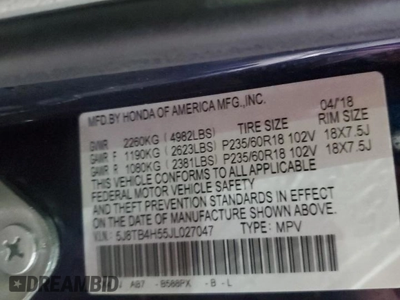 2018 Acura RDX w/Technology Pkg with VIN 5J8TB4H55JL027047, listed as a Copart auction lot 41737175 with 48,453 mi miles and Salvage Title. Bid and sale history available at carsss.com. Image 13.