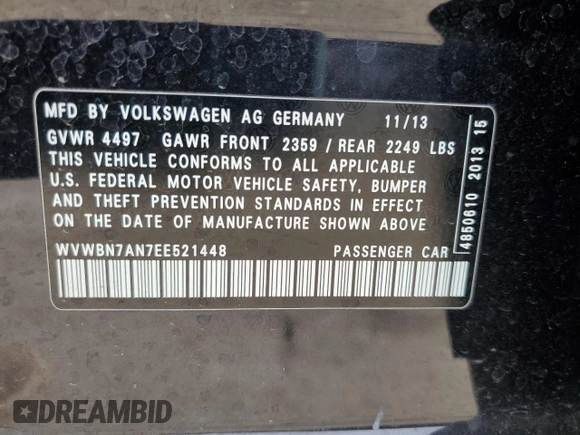 2014 Volkswagen CC Sport with VIN WVWBN7AN7EE521448, listed as a Copart auction lot 46329685 with 169,955 mi miles and Salvage Title. Bid and sale history available at carsss.com. Image 12.