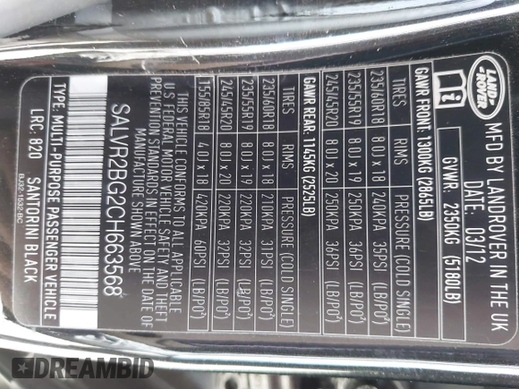2012 Land Rover Range Rover Evoque Pure Premium с VIN SALVR2BG2CH663568, выставлен на аукционе IAAI как лот 42121863 с пробегом Не указан миль и . История ставок и продаж доступна на DreamBid. Изображение 9.