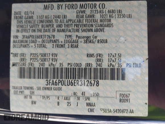 2014 Ford Fusion SE Hybrid with VIN 3FA6P0LU6ER312678, listed as a IAAI auction lot 42140117 with 103,154 mi miles. Bid and sale history available at carsss.com. Image 9.