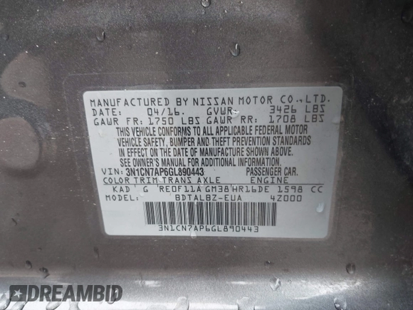2016 Nissan Versa S Plus with VIN 3N1CN7AP6GL890443, listed as a IAAI auction lot 41938156 with 15,896 mi miles and . Bid and sale history available at DreamBid. Image 9.